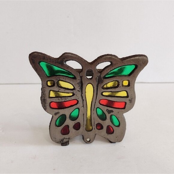 Vintage 1980s Taiwan Stained Glass Acrylic Butterfly Napkin Holder Cast Iron - Picture 1 of 12